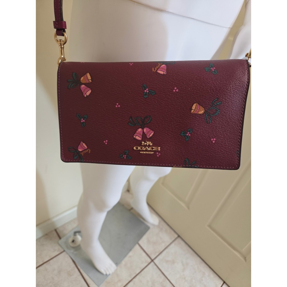 Coach Crossbody Bag Wine Burgundy Holiday Bell Print Crossgrain Leather New - Picture 6 of 11
